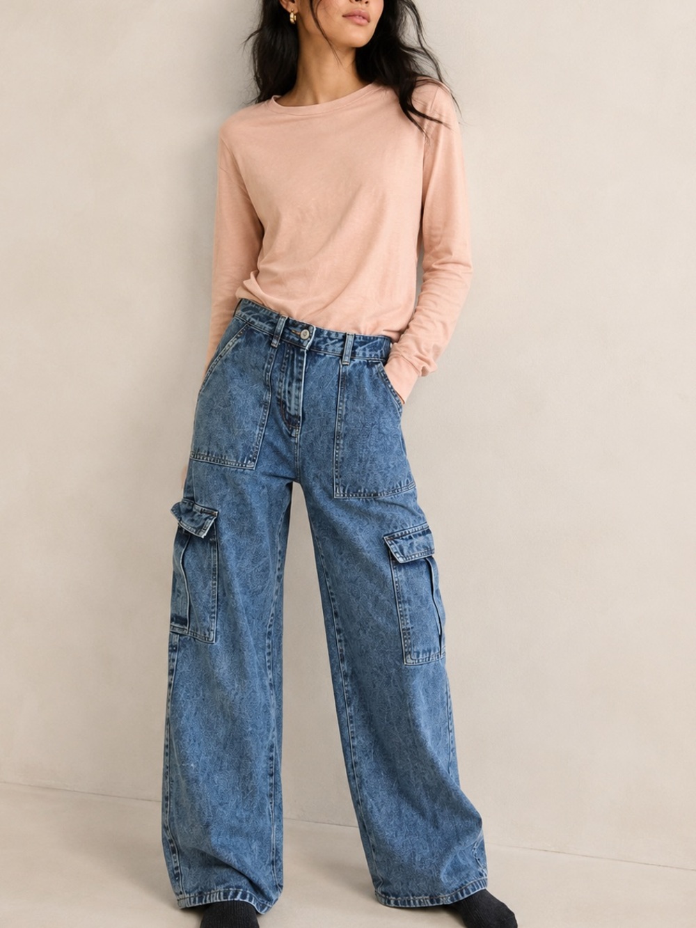 Blue Stone Wash Wide Leg High Waist Carpenter Boho Jeans Size 6